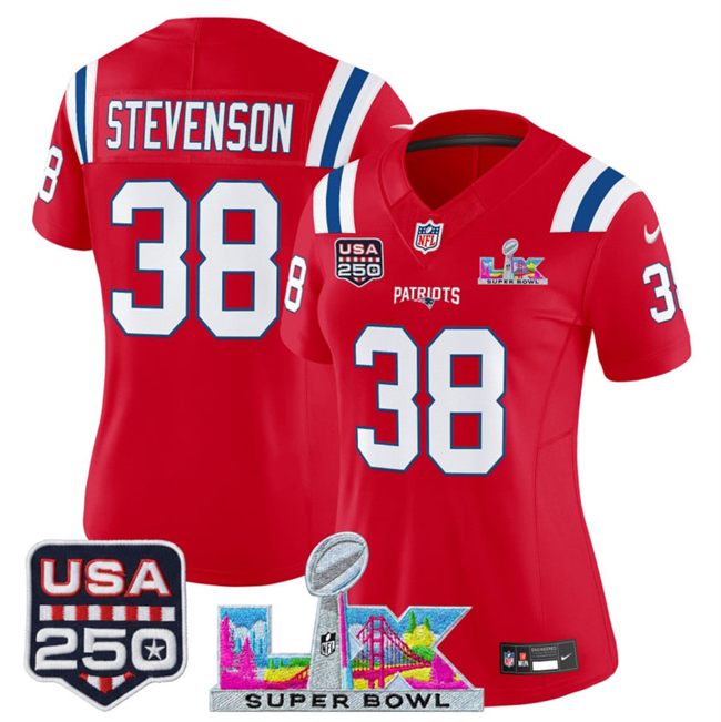 Women's New England Patriots #38 Rhamondre Stevenson Red 2025 F.U.S.E. Super Bowl LX Patch And USA 250' Patch Vapor Limited Football Stitched Jersey(Run Small)